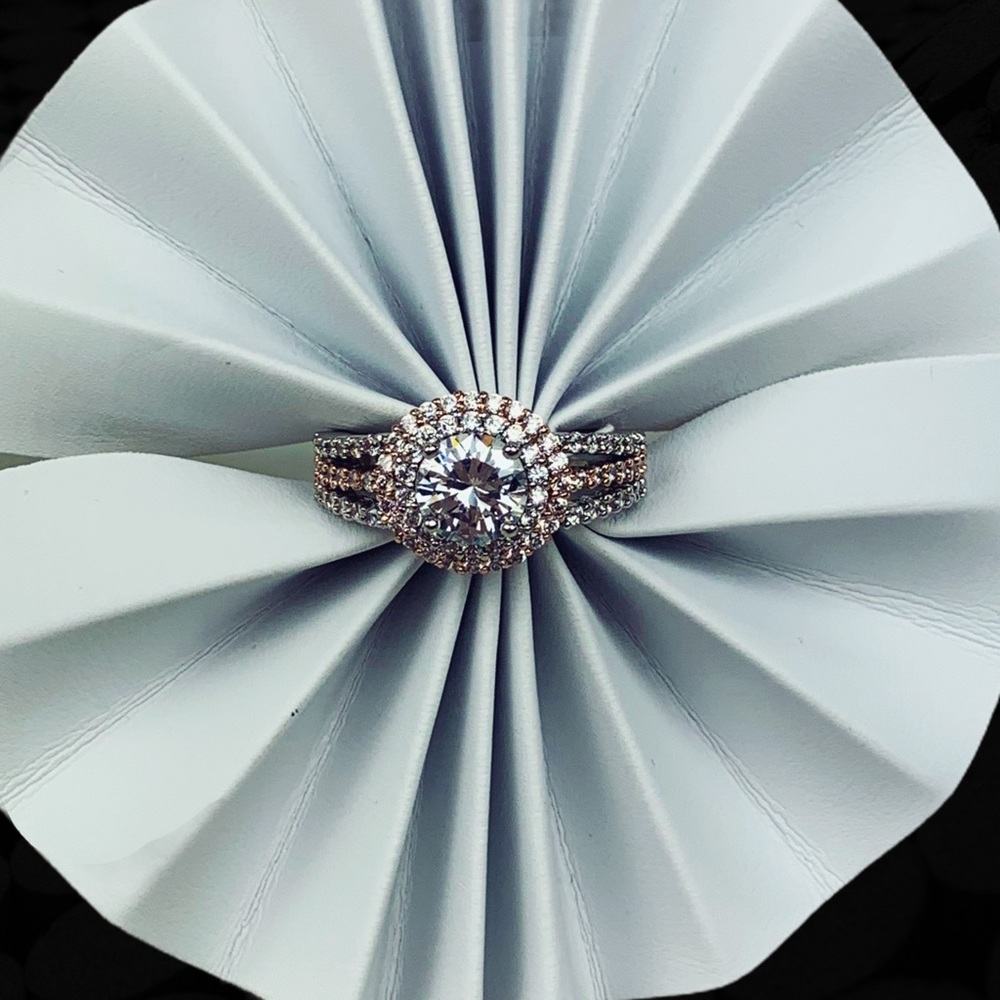 Two Tone Rose Gold Silver Double Halo Round Split Shank Pavé Engagement Ring 7 - Picture 8 of 17